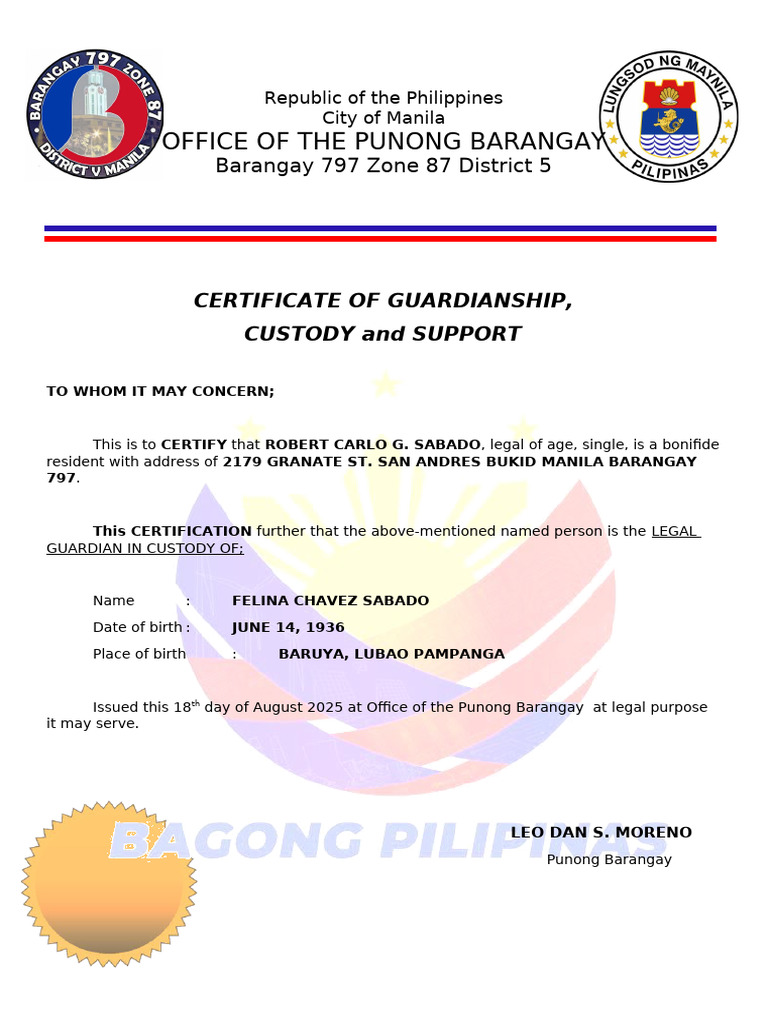 Certificate of Guardianship and Custody | PDF