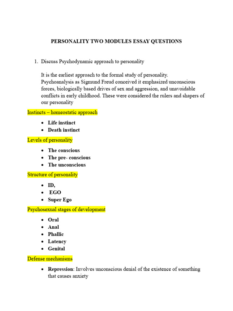 PERSONALITY TWO MODULES ESSAYf QUESTIONS | PDF | Psychoanalytic Theory ...
