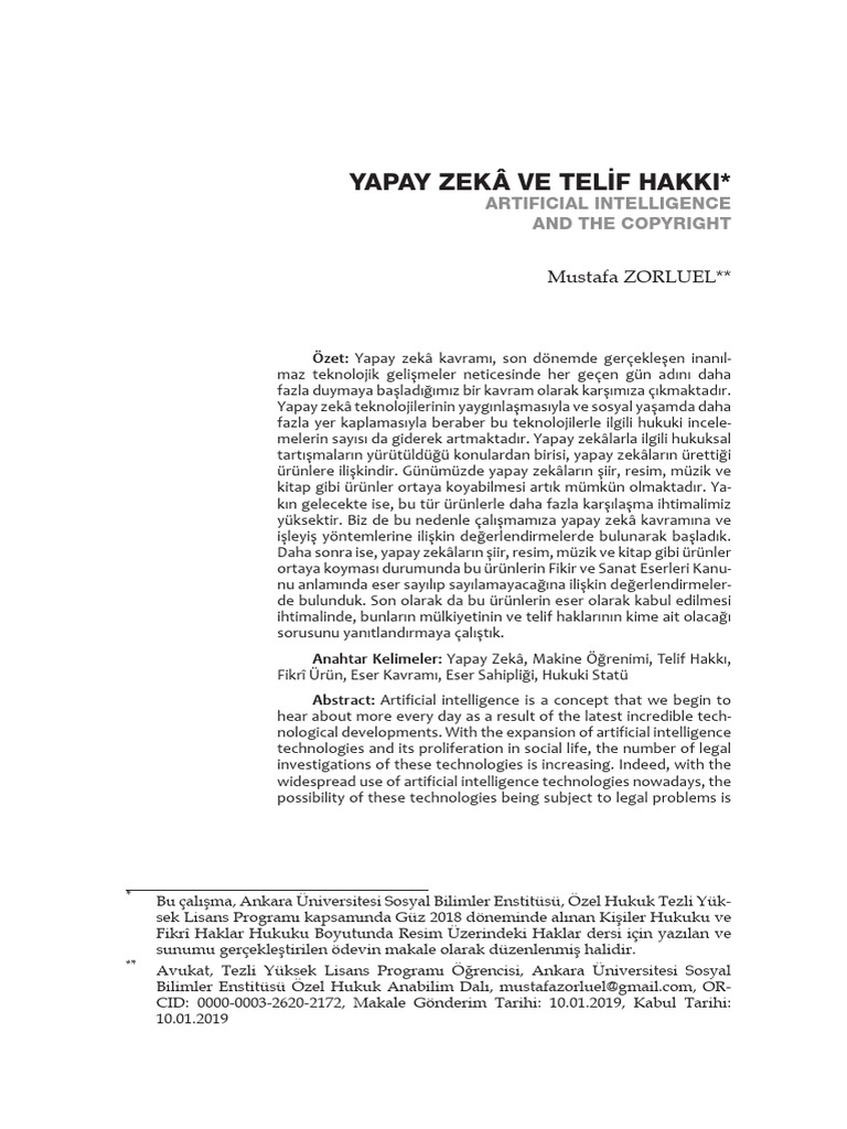 Yapay Zeka Ve Telif Hakki Artificial Int | PDF