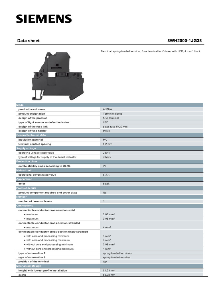Siemens Fuse Terminal Data Sheet | PDF | Fuse (Electrical) | Electrical ...