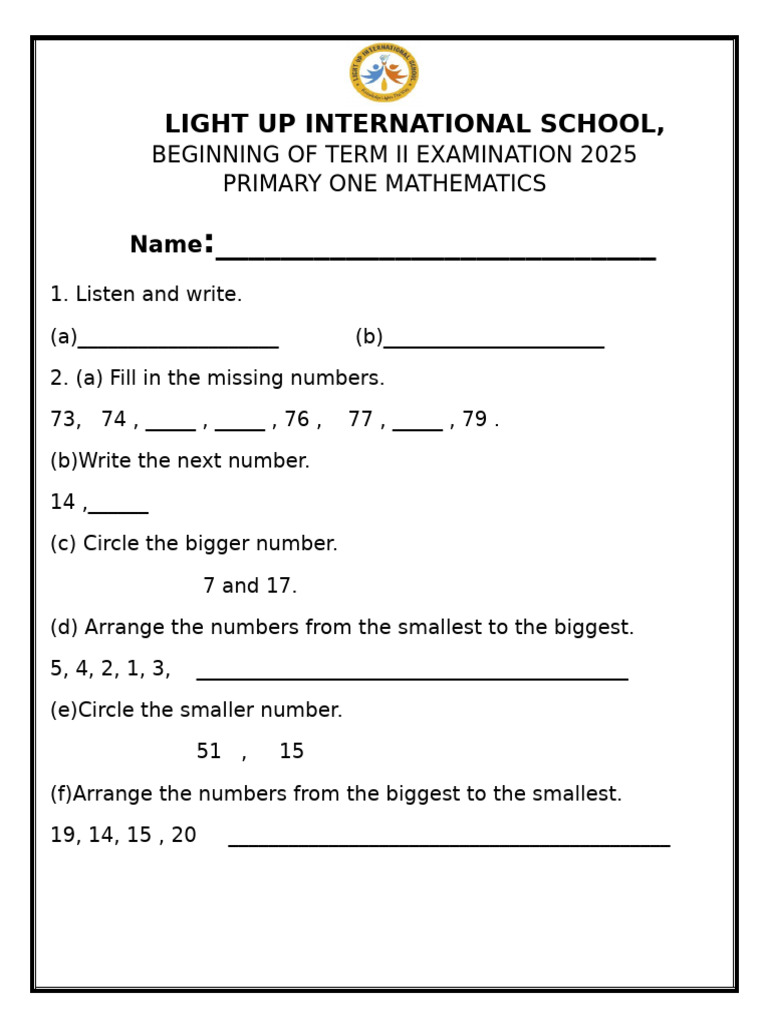 Primary One Exam Papers 2025 | PDF