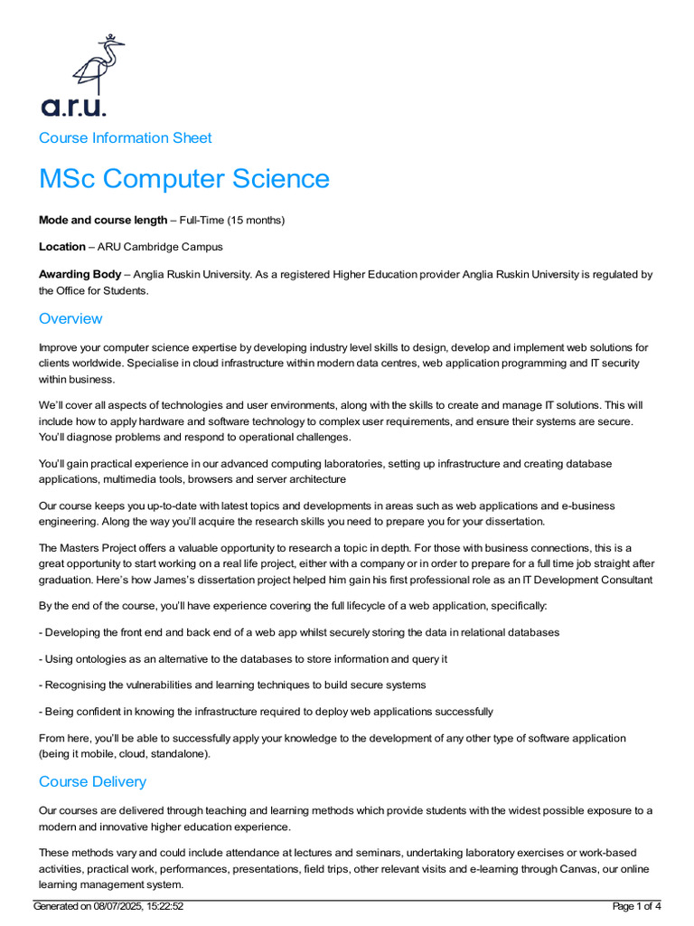 MSc Computer Science Overview at ARU | PDF | Computer Security | Security