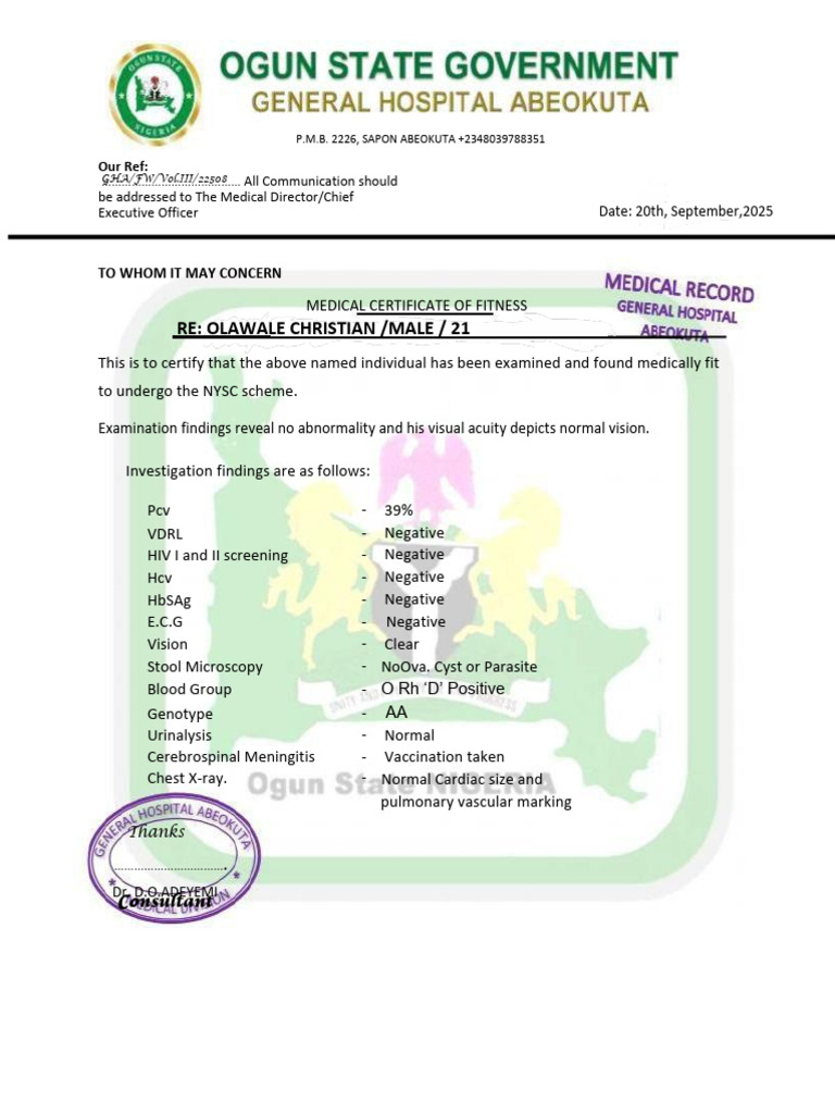 Medical Fitness Certificate for NYSC | PDF