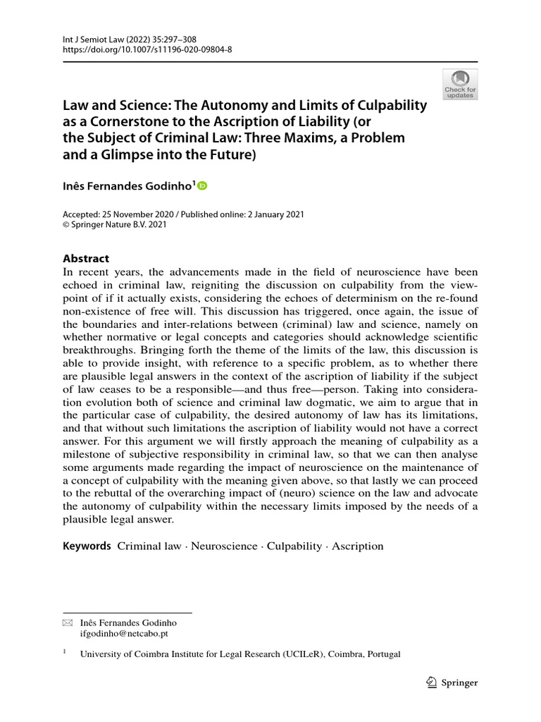 Culpability in Criminal Law and Neuroscience | PDF | Free Will | Crimes