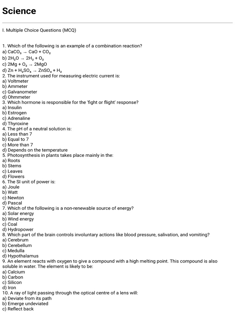 Science MCQs and Concepts Review | PDF | Oxygen | Chemical Reactions