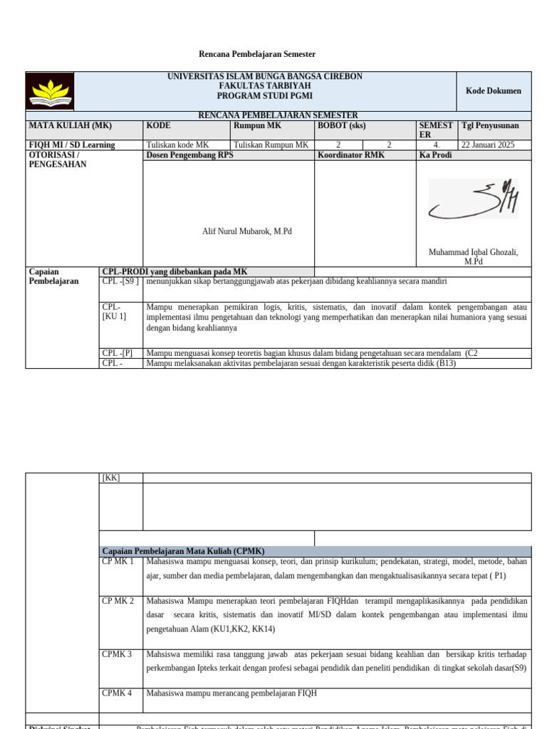 Rencana Pembelajaran Fiqh MI/SD 2025 | PDF