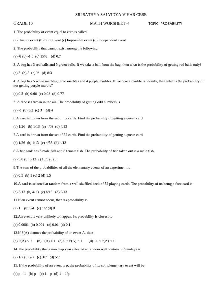 Grade 10 Probability Worksheet | PDF | Chess Theory | Chess