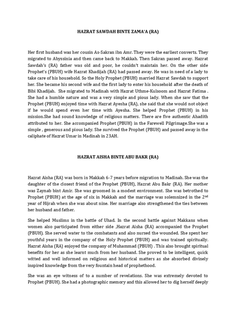 Hazrat Sawdah Binte Zama and Ayesha Binte Abu Bakr | PDF | Muhammad ...