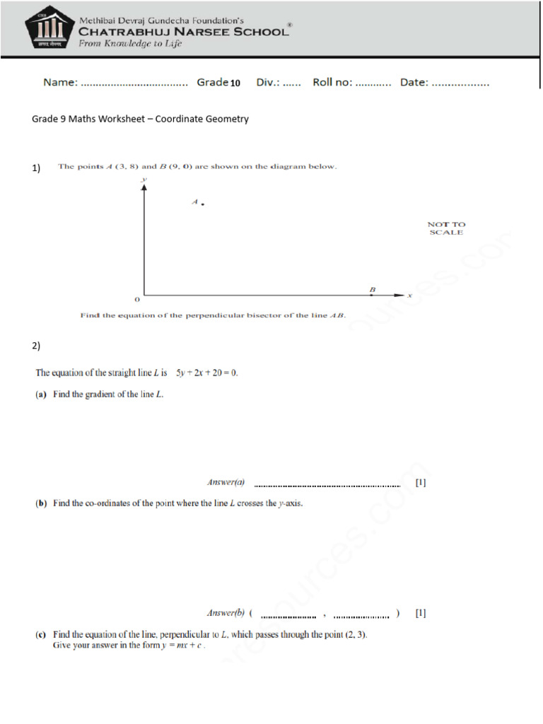 Grade 9 Coordinate Geometry Worksheet | PDF