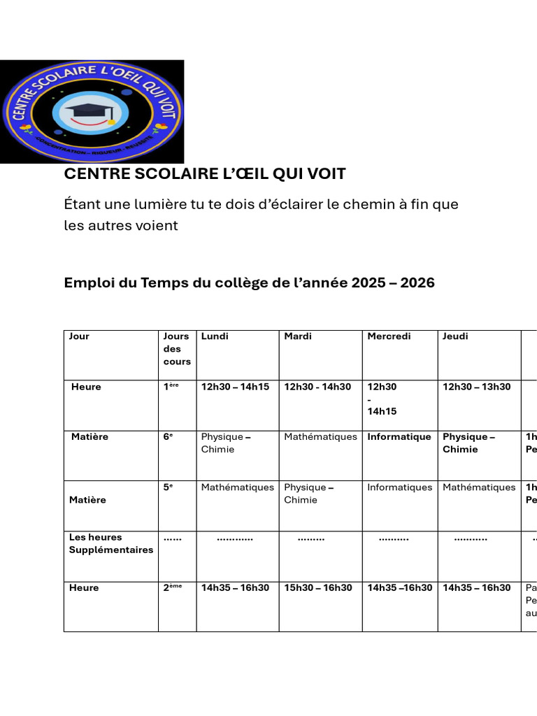 Emploi du Temps Collège 2025-2026 | PDF
