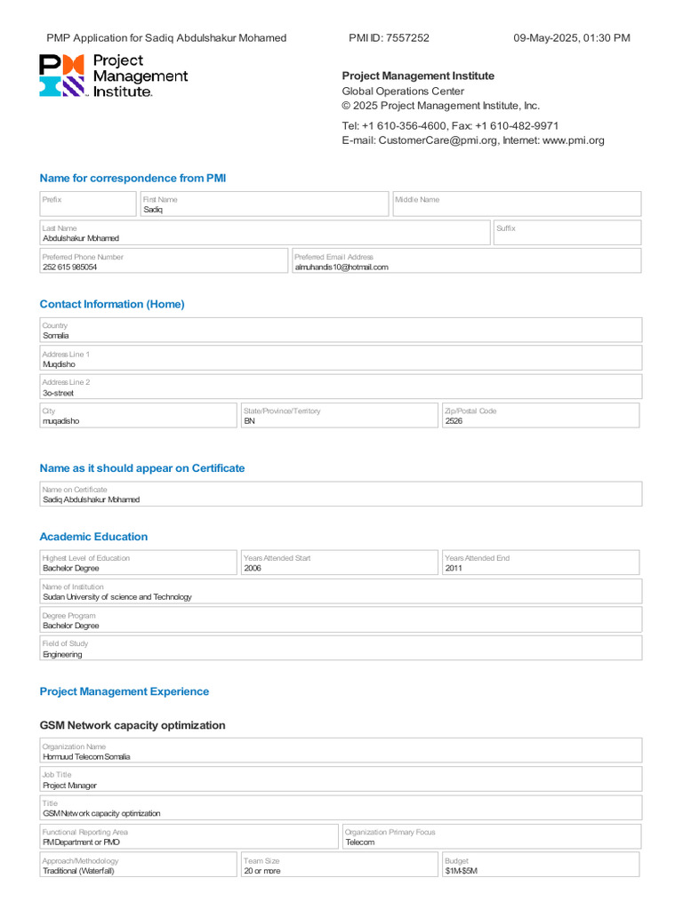 PMP Application for Sadiq Abdulshakur | PDF | Project Management ...