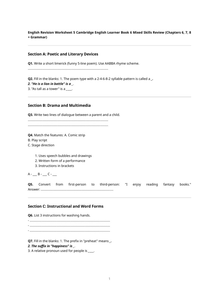 English Revision Worksheet: Mixed Skills | PDF