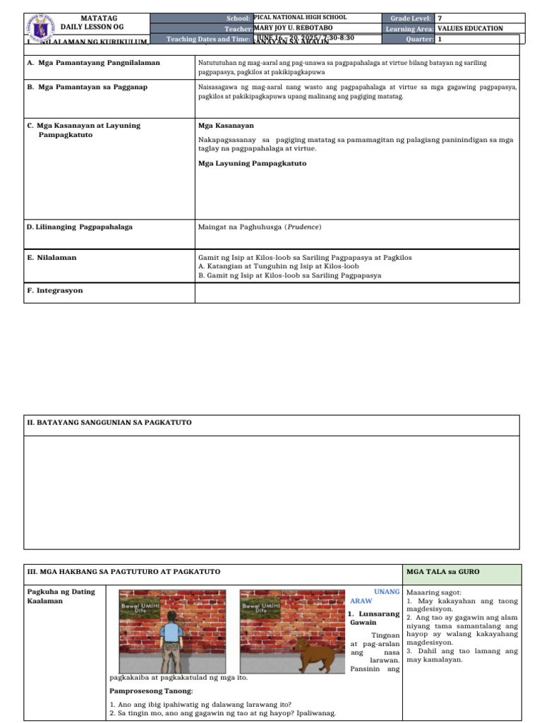 DLL Matatag Values Education 7 q1 w1 | PDF