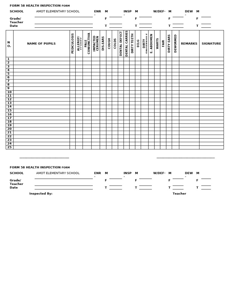 Amot Elementary Health Inspection Form | PDF