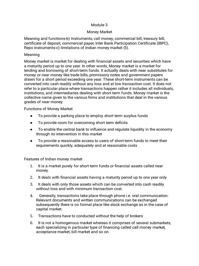 Overview of Indian Money Market Instruments | PDF | Repurchase ...