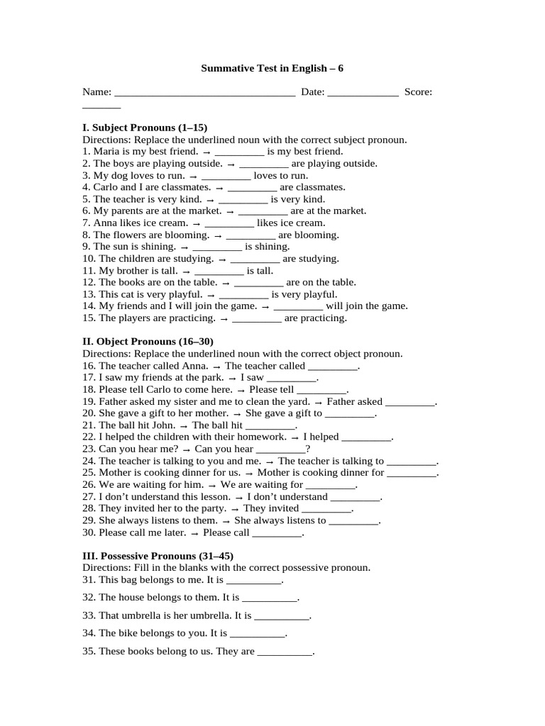 English Pronouns Test for Students | PDF | Grammar | Linguistic Morphology