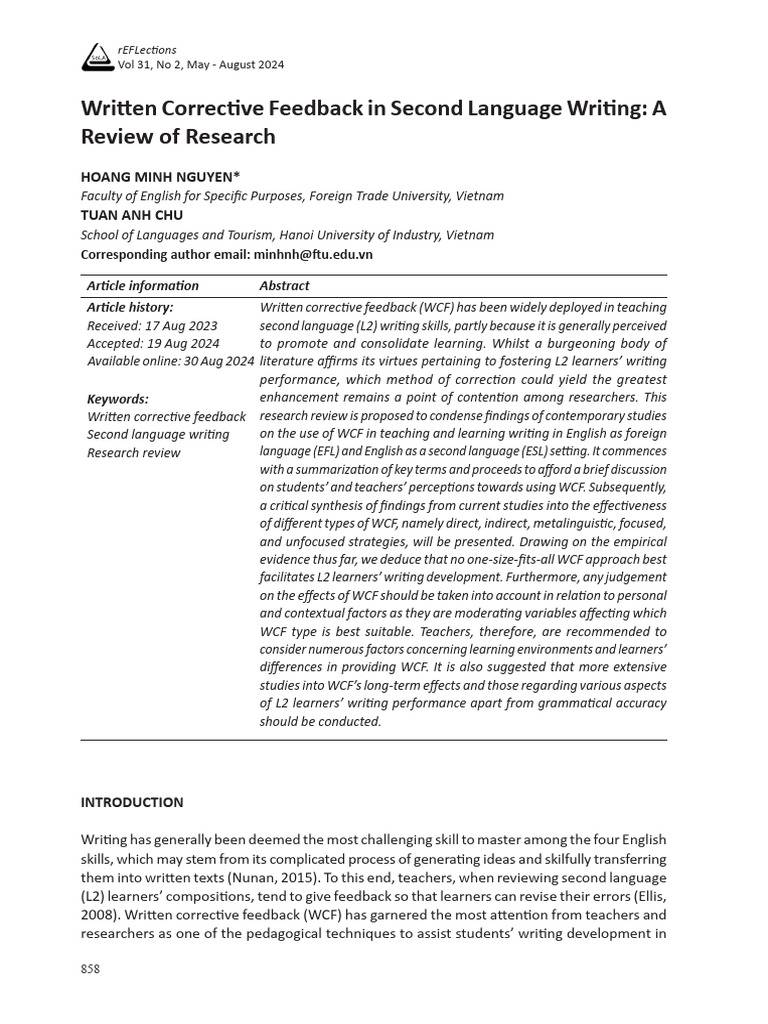 Written Corrective Feedback in Second Language Writing: A Review of ...