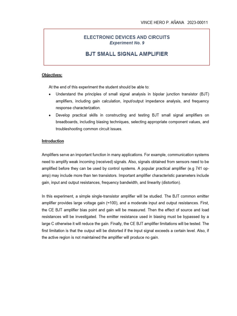 BJT Small Signal Amplifier Experiment | PDF | Amplifier | Bipolar ...