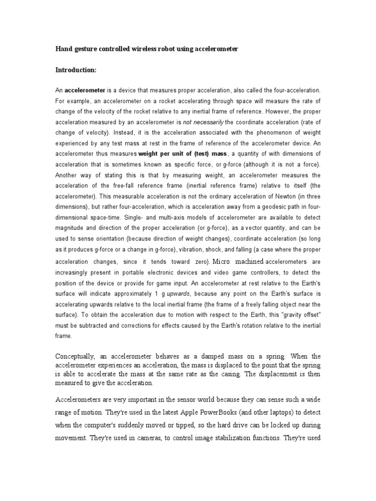 Hand Gesture Based Wireless Robot | PDF | Accelerometer | Acceleration