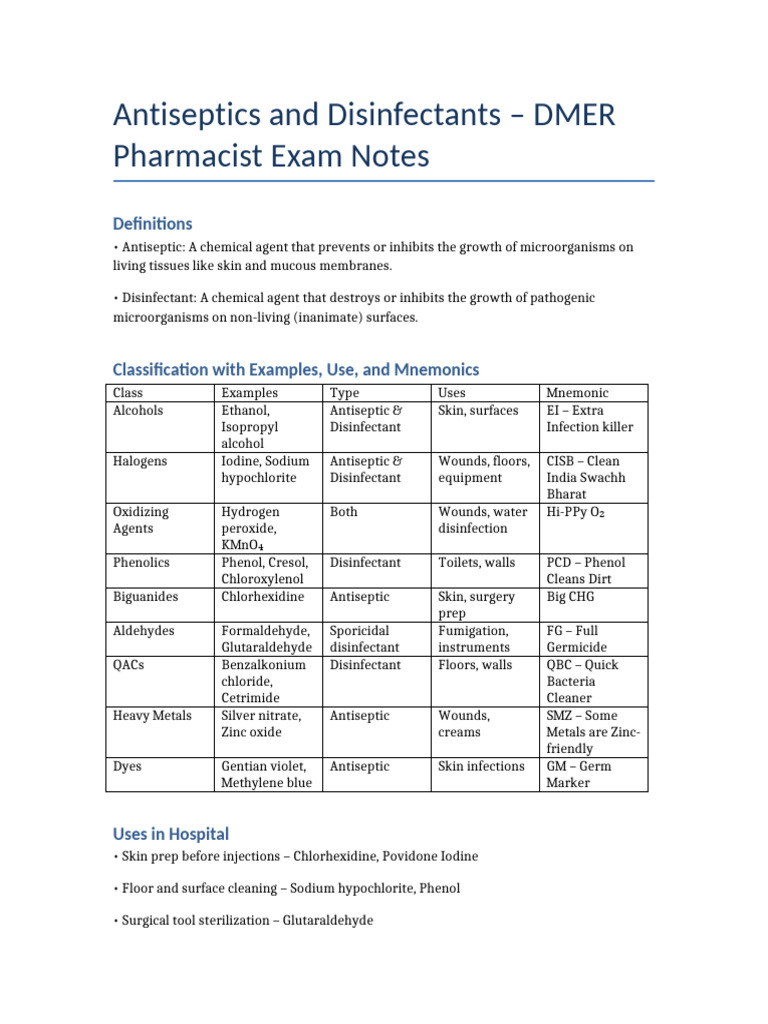Antiseptics and Disinfectants DMER Notes | PDF | Disinfectant ...