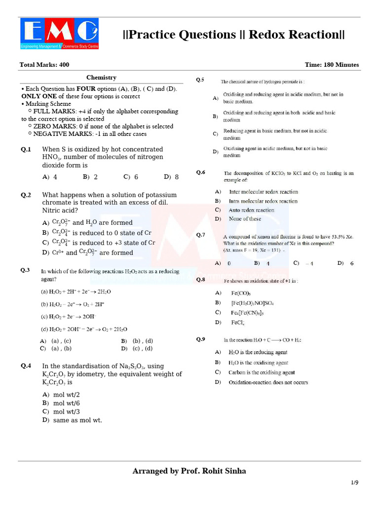 Redox Reaction Practice Questions | PDF | Redox | Nitric Acid