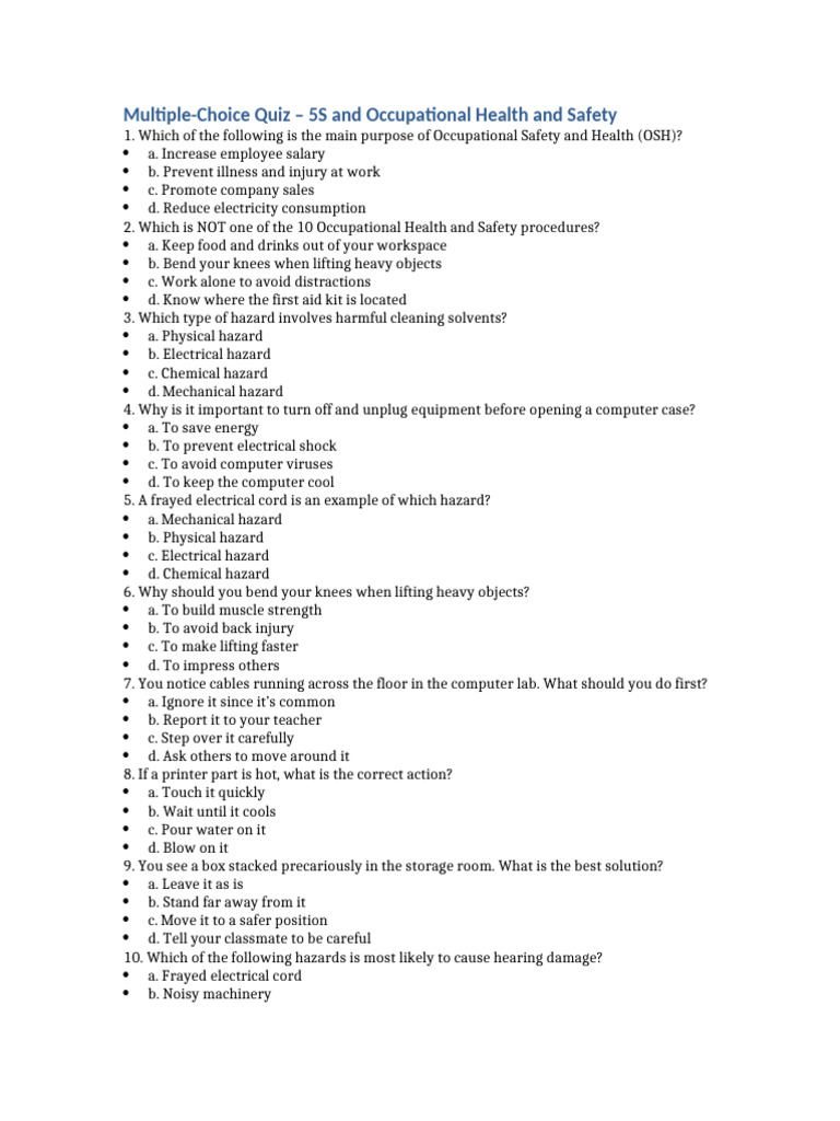5S_and_OHS_Quiz | PDF | Hazards | Occupational Safety And Health
