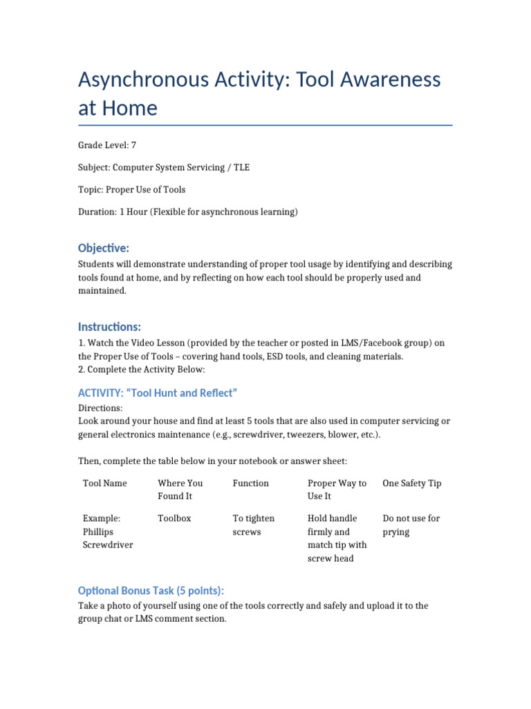 Home Tool Awareness for Students | PDF
