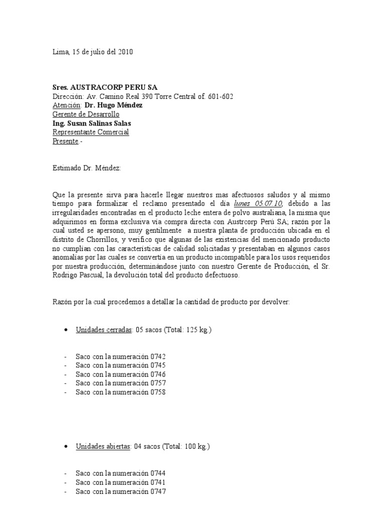 MODELO de Carta de Reclamo a