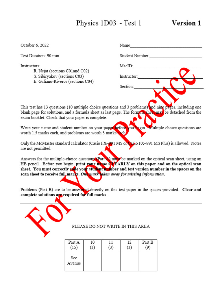 Physics 1D03 Test 1 Overview | PDF | Force | Multiple Choice
