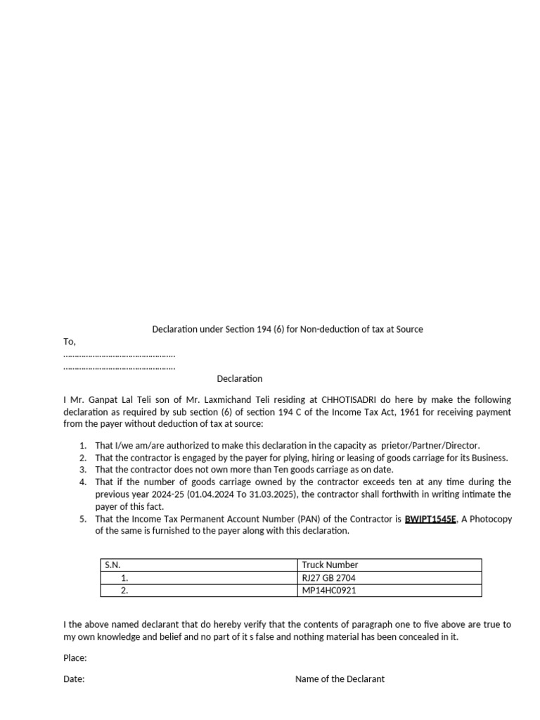 Declaration for Non-Deduction of TDS | PDF