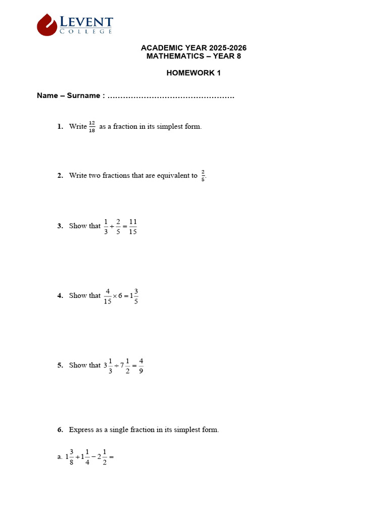 Year 8 Math Homework 2025-2026 | PDF