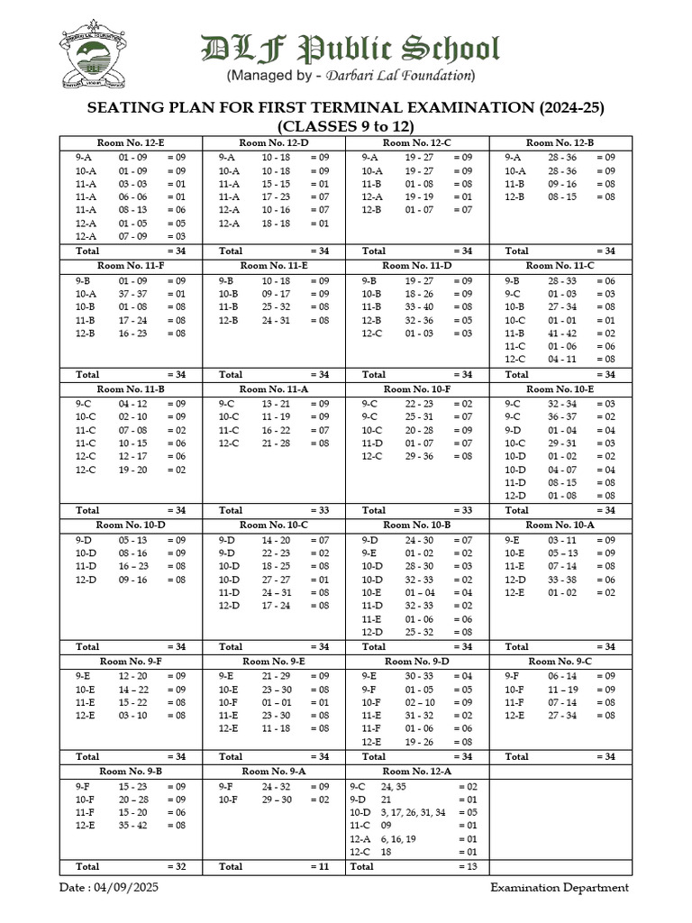 Seating Plan - First Term - 2025 - 9 To 12 | PDF
