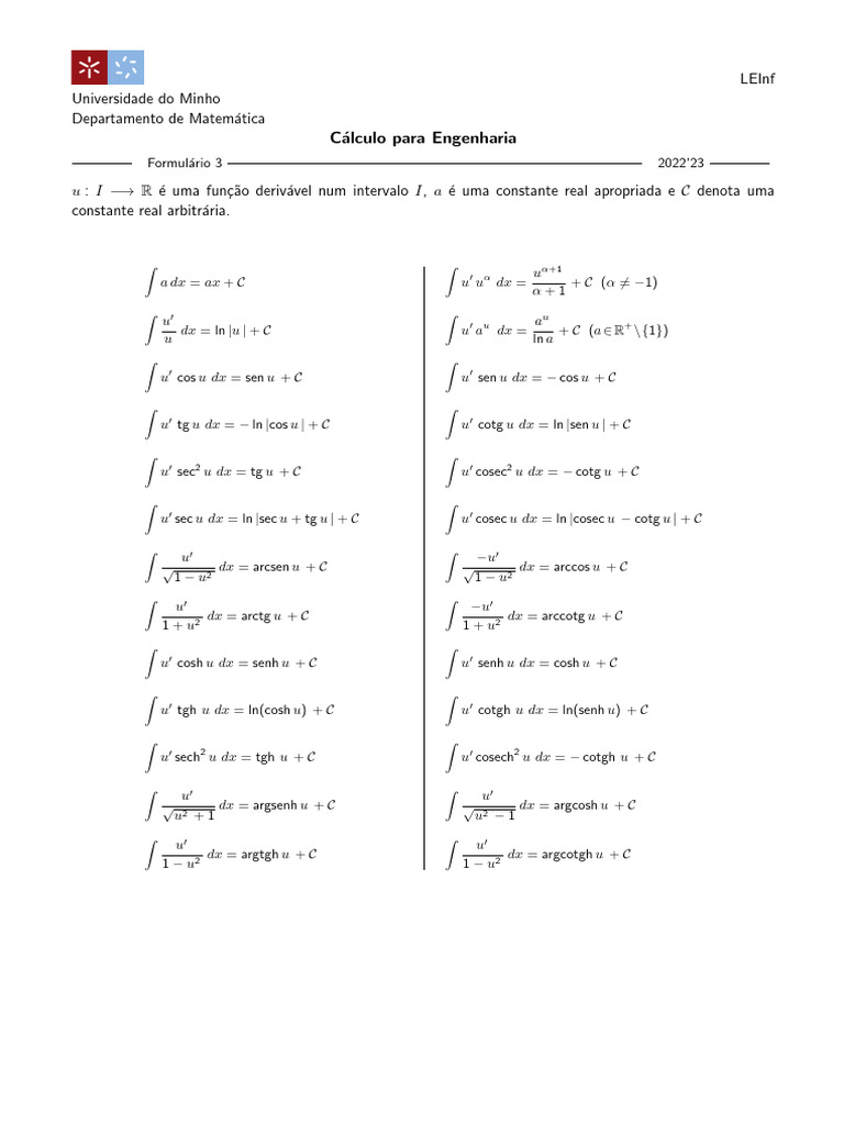 Integral Formulas for Engineering Calculus | PDF