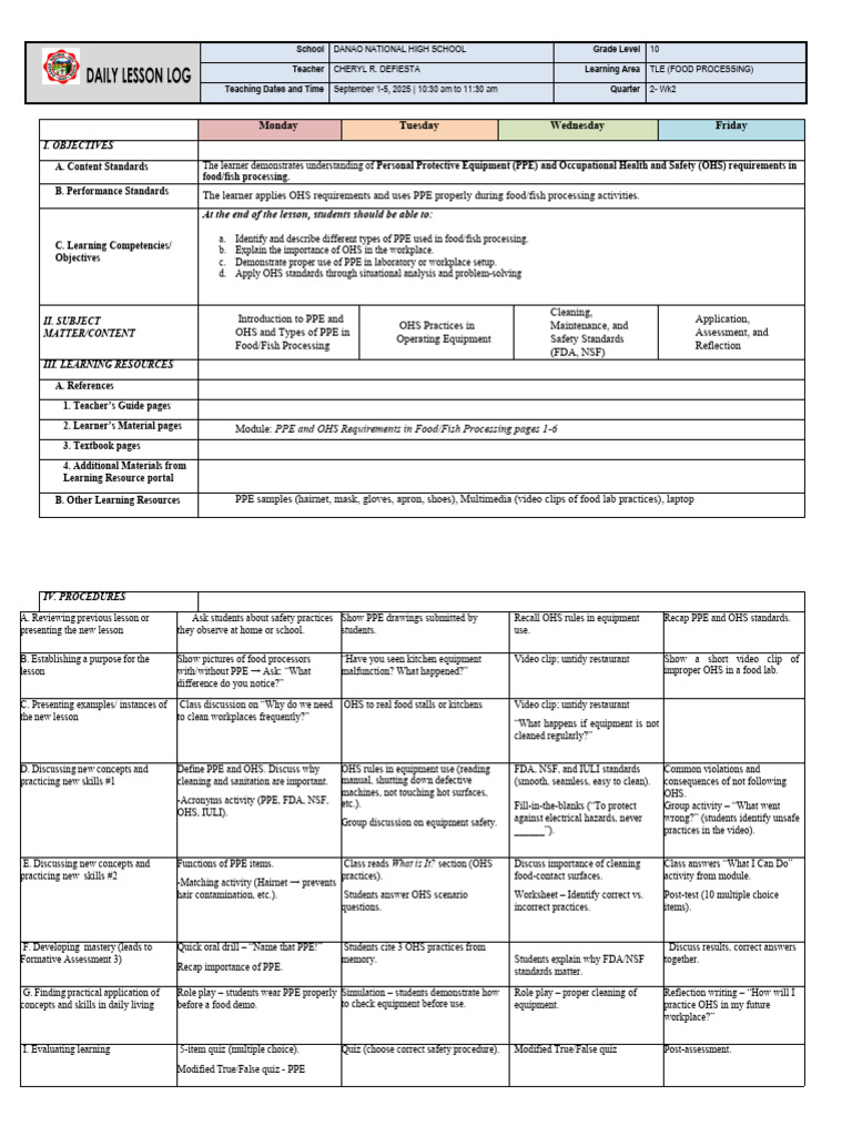 PPE and OHS in Food Processing Lesson | PDF | Personal Protective ...