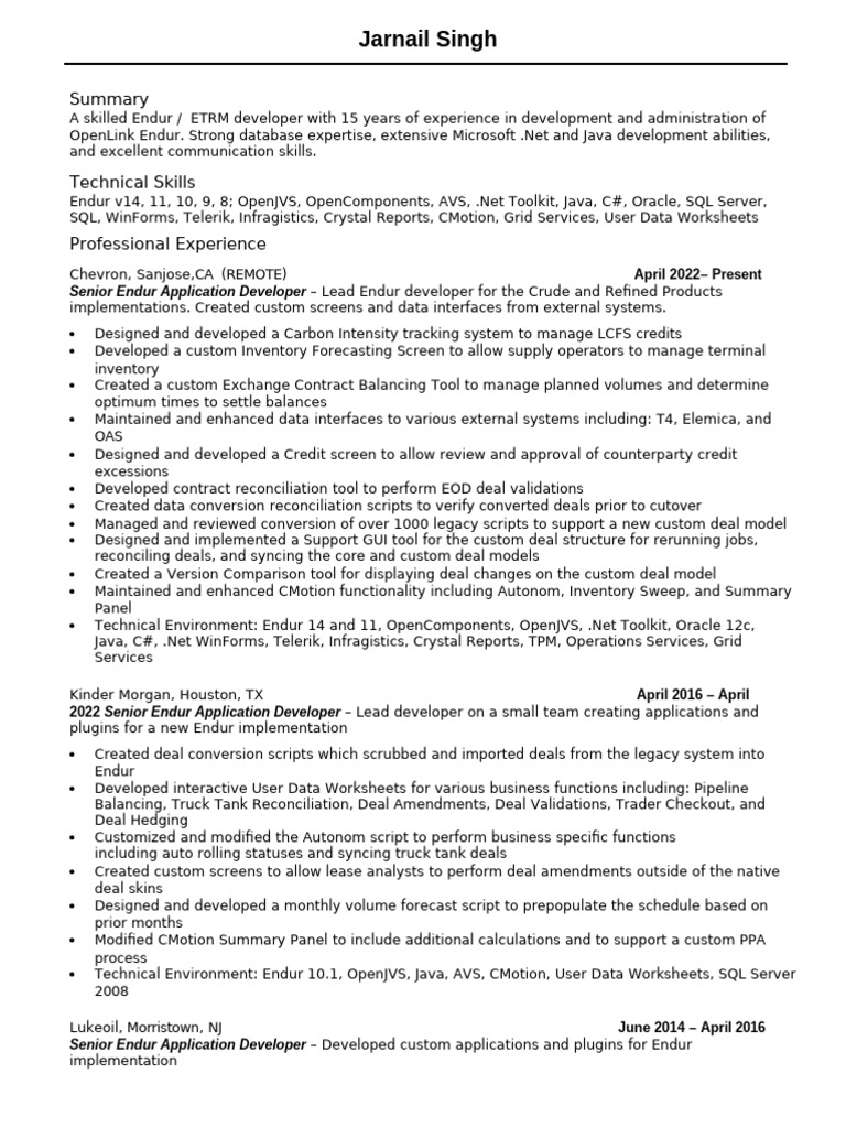 Senior Endur Developer Profile Summary | PDF | Java (Programming ...