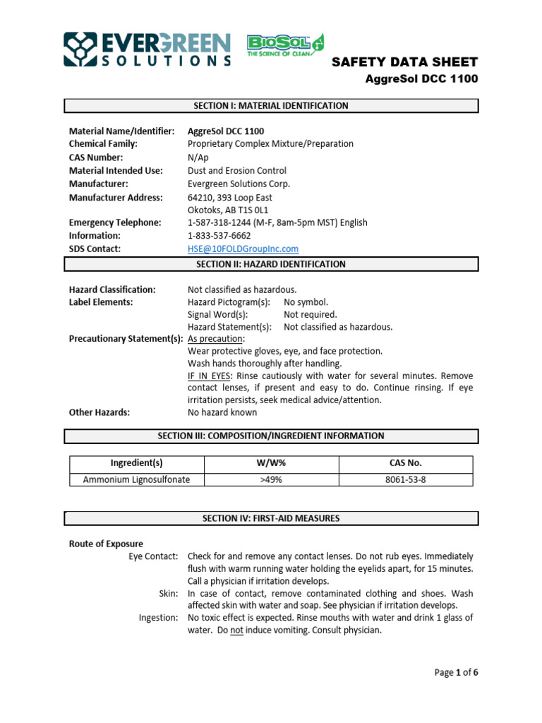 AggreSol DCC 1100 Safety Data Sheet | PDF | Personal Protective ...