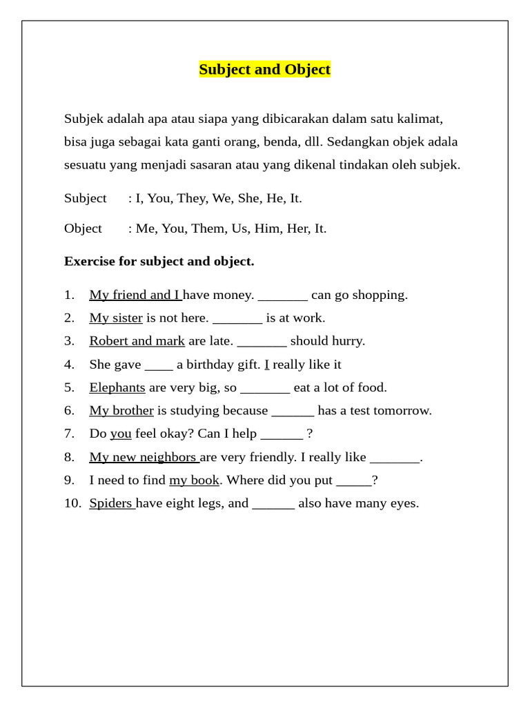 Tentang Subject, Object, Possesive Adjective, Dan Pronoun | PDF ...