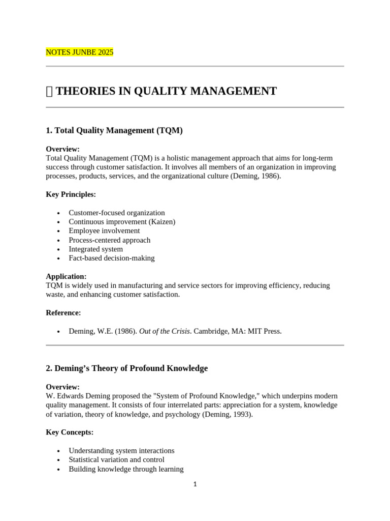 Notes Quality Management June 2025 | PDF | Quality Management | Six Sigma