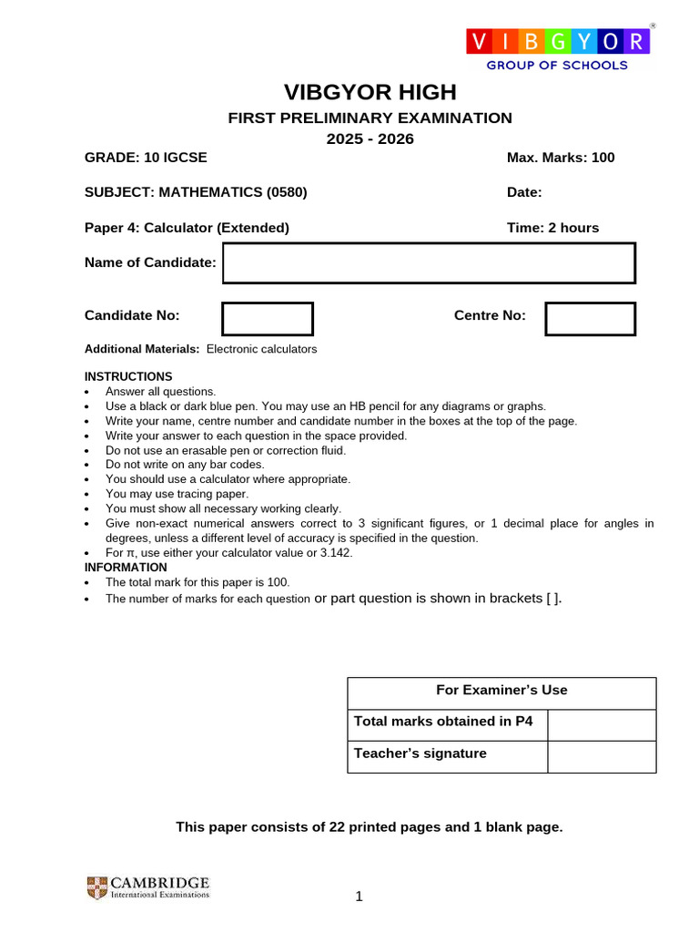 IGCSE Grade 10 Math Exam Paper 2025-2026 | PDF | Sphere | Area