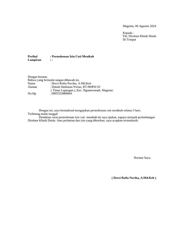 Permohonan Cuti Menikah Desvi Rofia | PDF