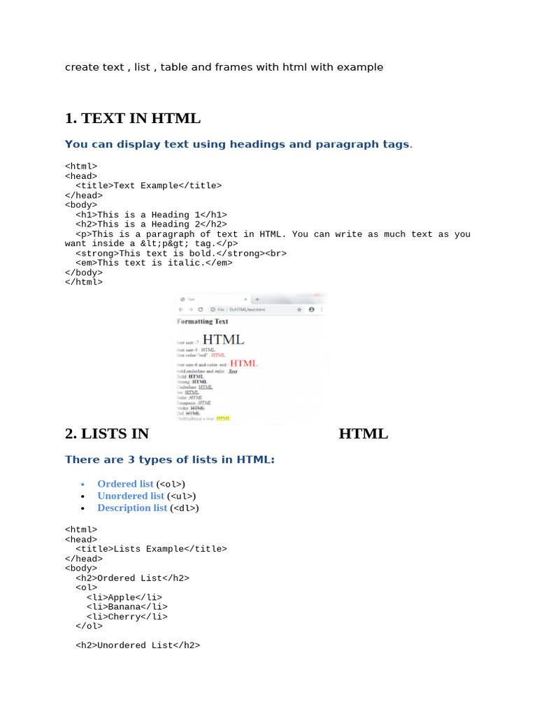 HTML Text, Lists, Tables, and Frames | PDF