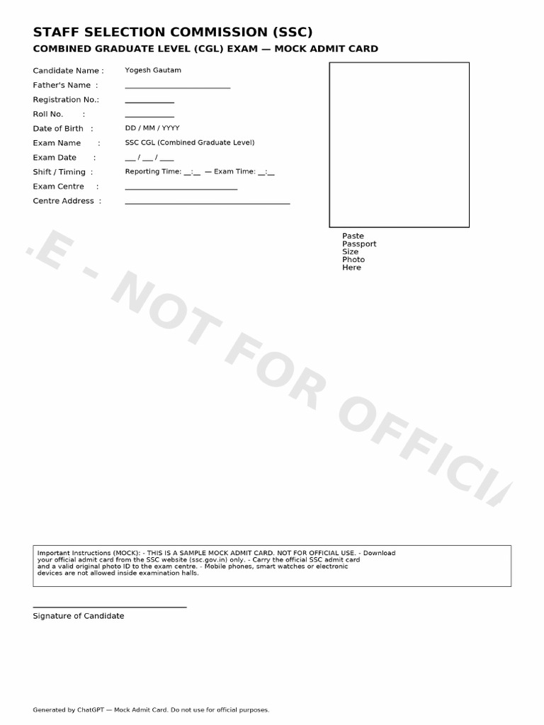 SSC CGL Mock Admit Sample | PDF