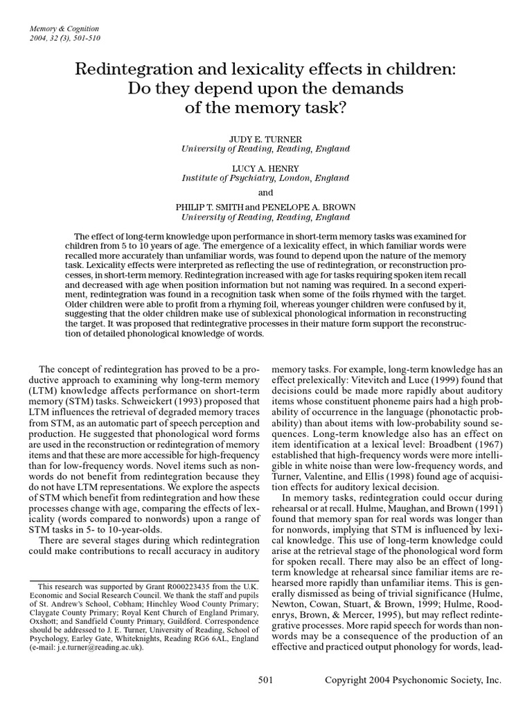 Redintegration and Memory in Children | PDF | Recall (Memory) | Memory
