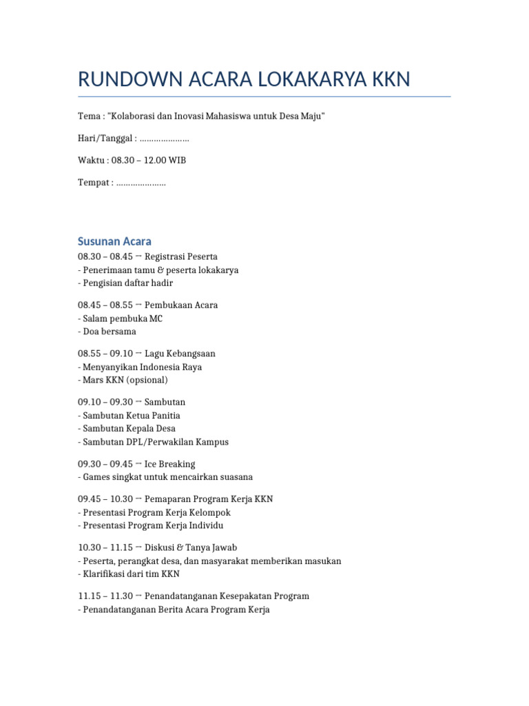 Rundown Acara Lokakarya KKN | PDF