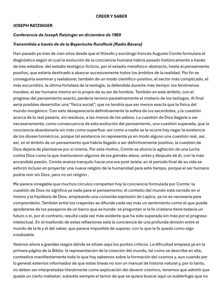 Creer y Saber: Fe vs. Ciencia en Ratzinger | PDF | Verdad | Conocimiento
