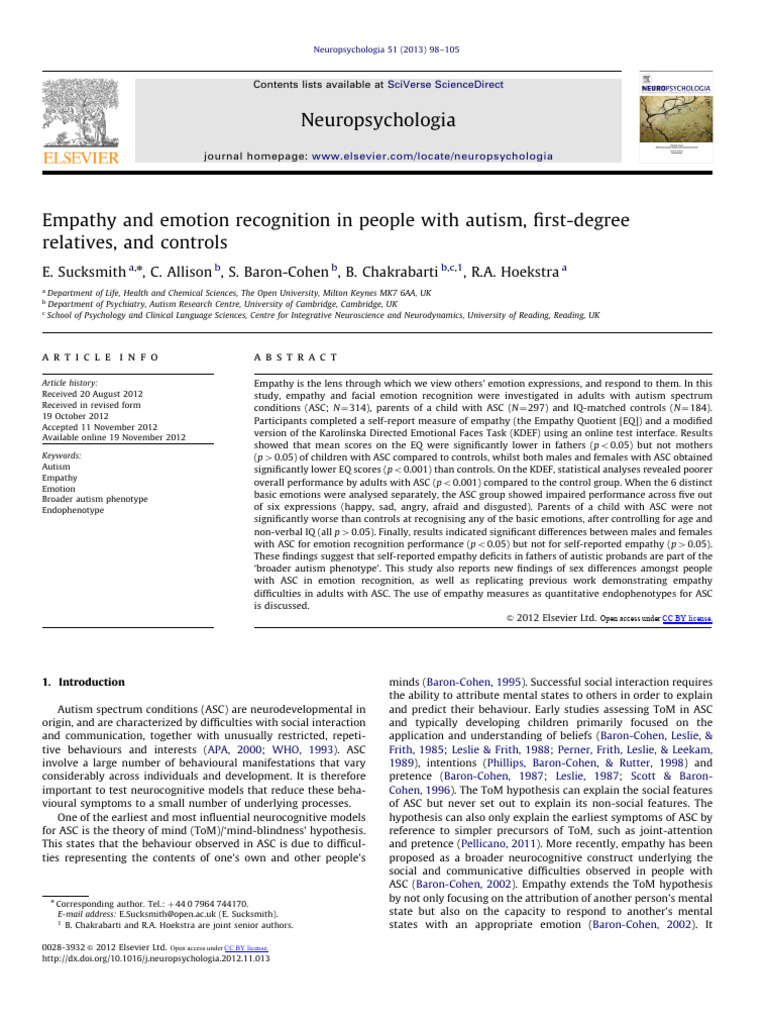 Empathy and Emotion Recognition in Autism | PDF | Empathy | Emotional ...