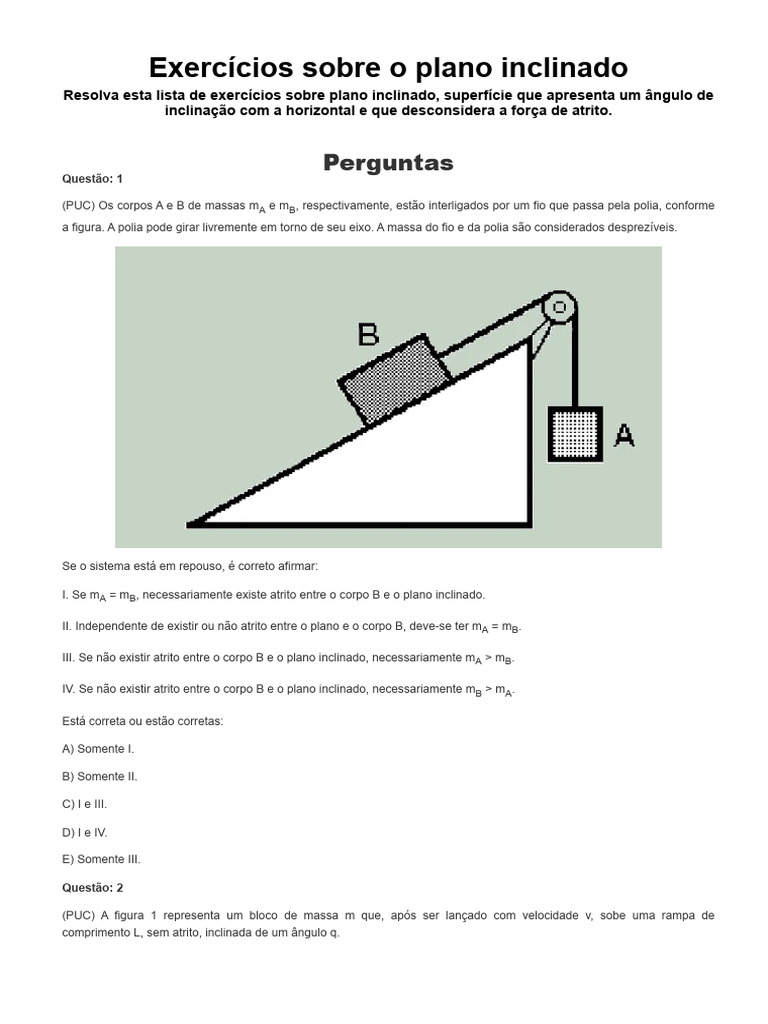 Exercícios sobre Plano Inclinado | PDF | Atrito | Força
