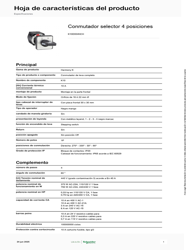 Conmutador Selector 4 Posiciones K10D004NCH | PDF