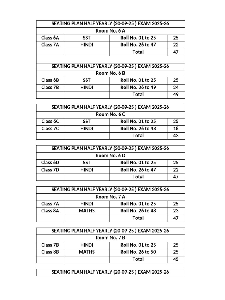 Half-Yearly Exam Seating Plan 2025 | PDF