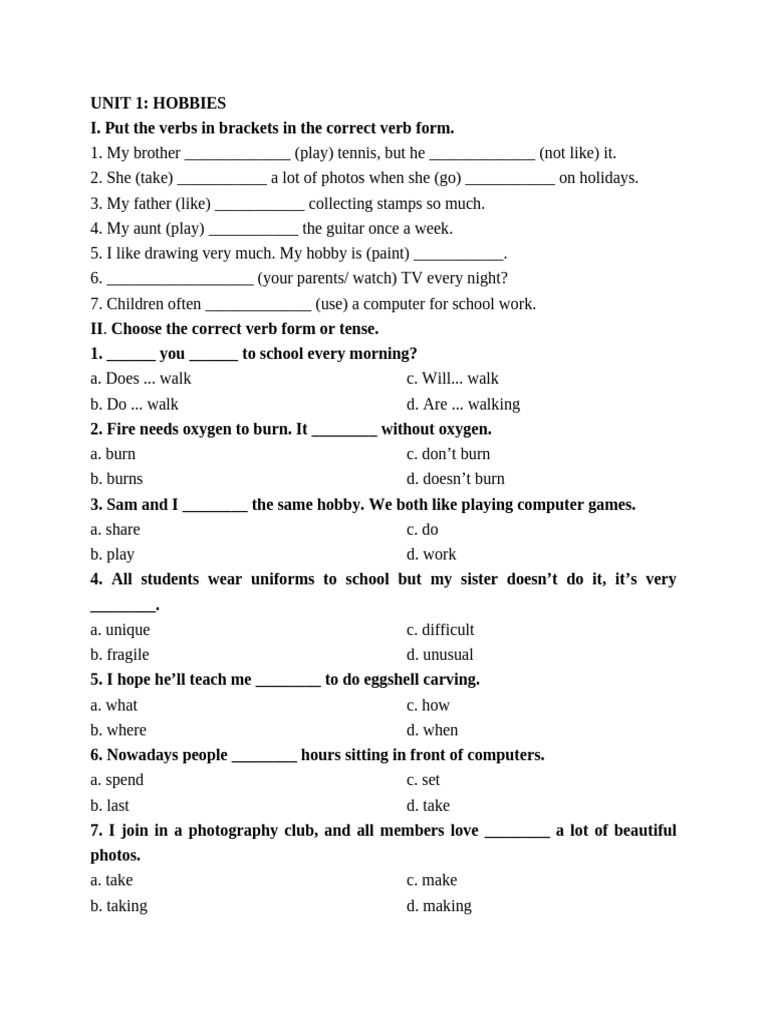 Hobbies: Verb Forms and Activities | PDF | Hobbies | Linguistics
